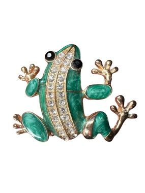 Green Crystal Enamel Frog Brooch Pin - Fashion Reptile Jewelry